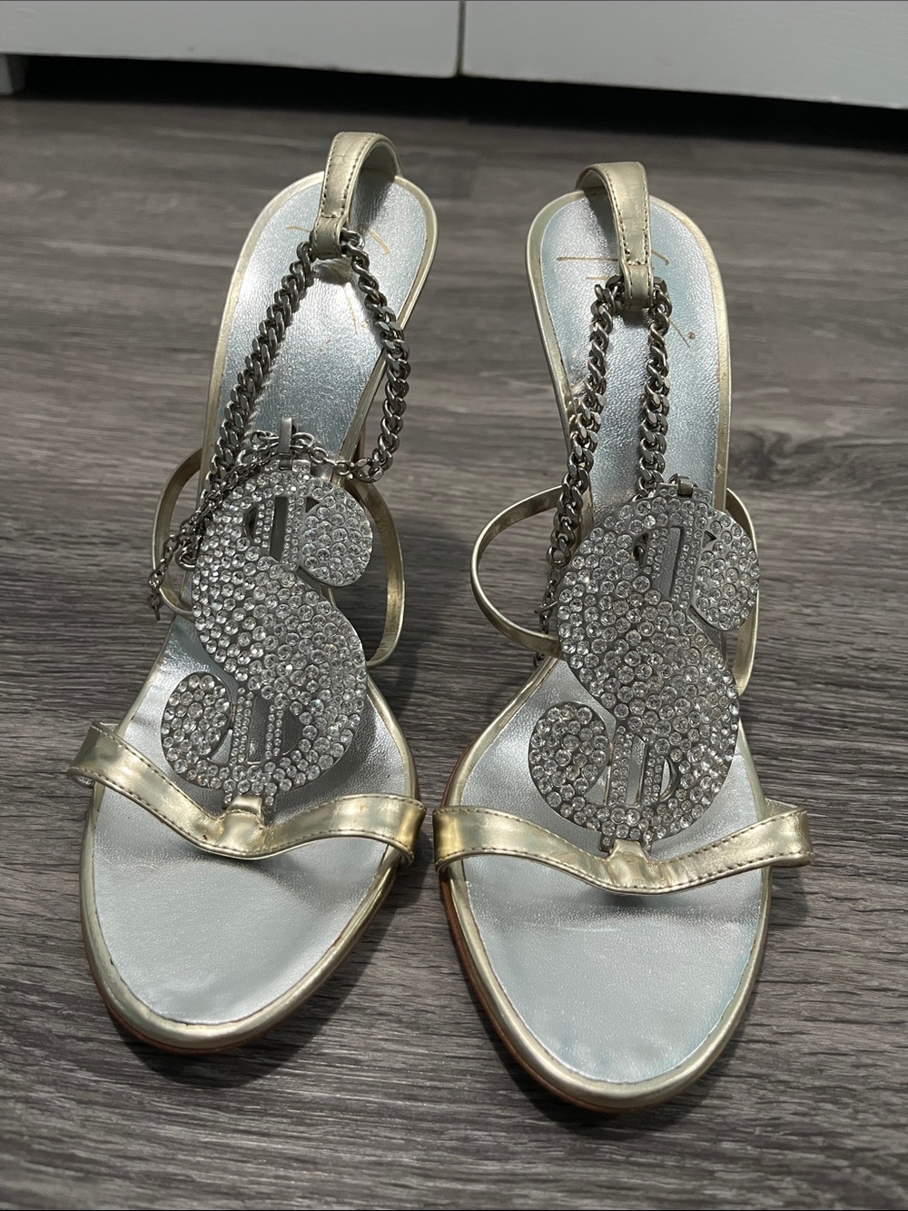 Giuseppe Zanotti Gold Rhinestone Dollar-Sign Heeled Sandals